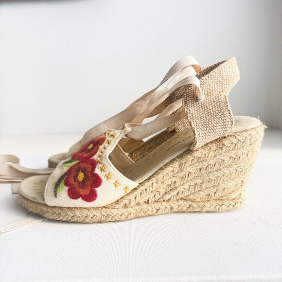 Embroidered Canvas Ankle Tie Wrap Wedge Espadrilles 9 - Picture 6 of 8